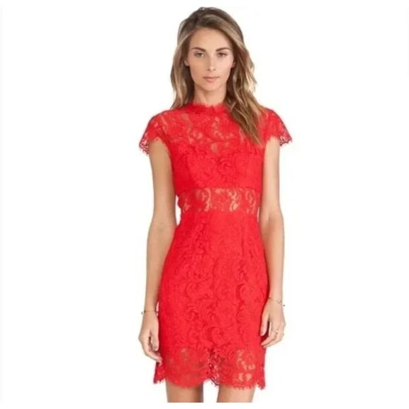 SAYLOR Dresses & Skirts - Saylor Jane‎ Mini Dress Bold Red Peekaboo Lace Sexy Date Night Cutout Size Small